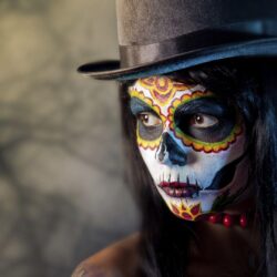 women, Face, Artwork, Photography, Sugar Skull, Top hat, Closeup