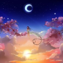 clouds, Sun, artwork, anime, skyscapes, crescent moon :: Wallpapers