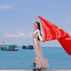 Wallpapers girl, face, the wind, star, dress, flag, Vietnam image