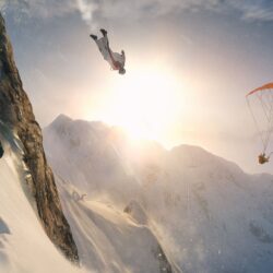 skydiver, Men, Video games, Steep, Mountains, Snow, Sun