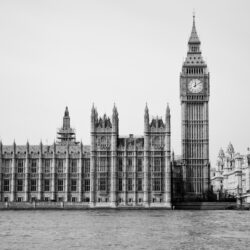 Download Wallpapers Tower, Spire, River Thames, Monochrome, Houses of