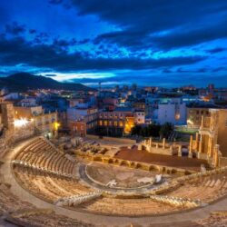 Wallpapers clouds, roman theater, night, lights, ruins, Cartagena