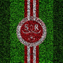 Download wallpapers Reims FC, 4k, logo, football lawn, french