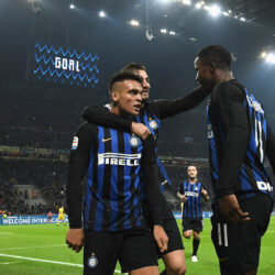 Inter players celebrate Lautaro Martínez’ goal in their 3