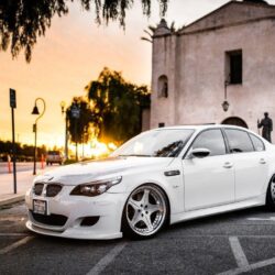 White BMW M5 Parked Outside Church City HD Wallpapers