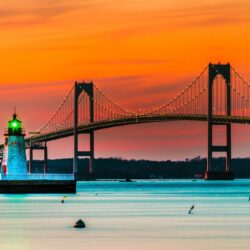 Sunset over Lighthouse and Bridge in Newport, Rhode Island Full HD