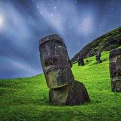 enigma nature landscape moai sculpture starry night grass moonlight
