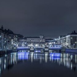 Sweden, Gothenburg, night, river, buildings, illumination