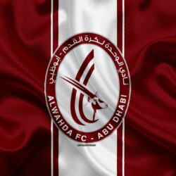 Download wallpapers Al Wahda FC, 4k, logo, burgundy silk flag
