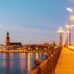 Latvia Houses Rivers Bridges Sky Night Street lights Riga Cities