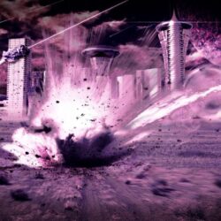 Outer space futuristic explosions purple impact meteorite cities