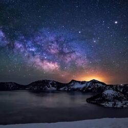 Crater Lake Night Sky With Star Milkyway Desktop Wallpapers Hd