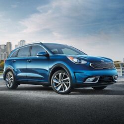 2019 Kia Niro EV blue color park side view lake side 4k hd wallpapers