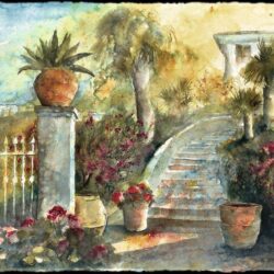 Other: Sudan Garden Flowers Cityscape Scenery Painting Art Stairs