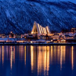 Wallpapers Tromso, Norway, winter, city, sea, mountain, night, lights
