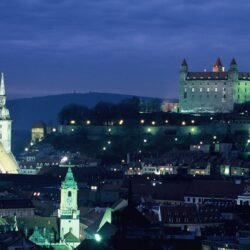 cityscapes, night, lights, hills, buildings, Slovakia, capital