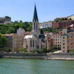 Church on the waterfront in the city of Lyon, France wallpapers