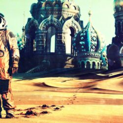 Cosmonaut in an abandoned church in the desert wallpapers and