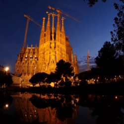 La Sagrada Familia Cathedral Barcelona at Night, Reflection in Water