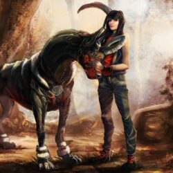 Download Wallpapers Creature dog, Houndoom, Pokemon, Girl