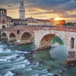 Download Italy, Verona, River, Bridge, Sunset, Buildings