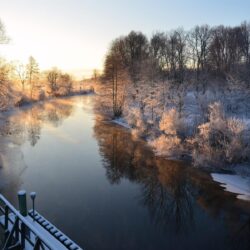 Winter, river, boats, snow, houses, Uppsala, Sweden wallpapers