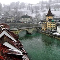 Wallpapers winter, bridge, the city, river, Switzerland, roof