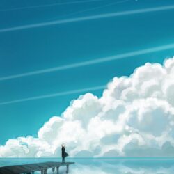 Download wallpapers clouds, sky, bridge, people, reflection