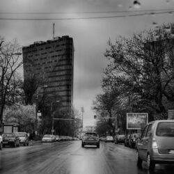 arhitecture, black and white, bucharest, cars, city, rain, road