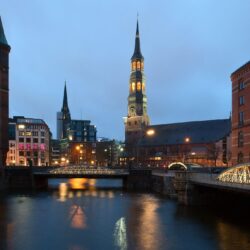 Picture Hamburg Germany Tower Bridges Night Rivers Cities