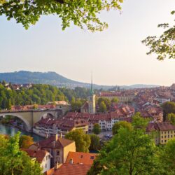Wallpapers Bern, Switzerland, city, river, bridge, trees, houses