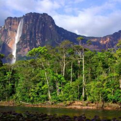 Angel Falls In Venezuela High Rocky Mountains, Tropical Forest With