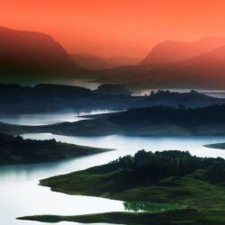nature, Landscape, Lake, Sunrise, Mountain, Mist, Red, Sky, Blue