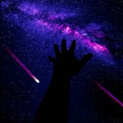 Download wallpapers hand, starry sky, dark, meteorites
