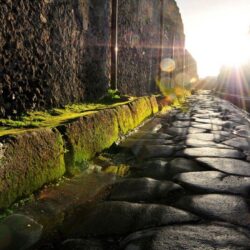 Ruins Italy moss antique cobblestones Italia Pompei street sun flare