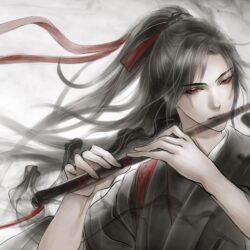 Wallpapers grey background, flute, red eyes, long hair, red ribbon
