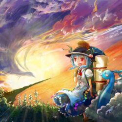Sunset Pokemon video games clouds Touhou dress blue hair red eyes