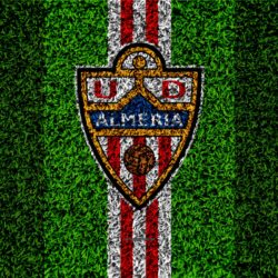 Download wallpapers UD Almeria, logo, 4k, football lawn, Spanish