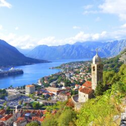 Kotor Bay, Montenegro, river, mountains, city, houses, clouds