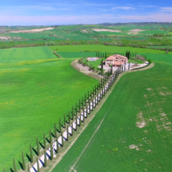 Aerial view of Tuscany countryside with cypresses and old house