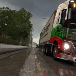 euro truck simulator 2 rain reflection truck lorry trees volvo fh16