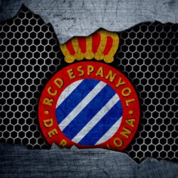 Download wallpapers Espanyol FC, 4k, La Liga, football, emblem, RCD