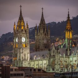 Download wallpapers Basilica Quito, Roman Catholic church, evening