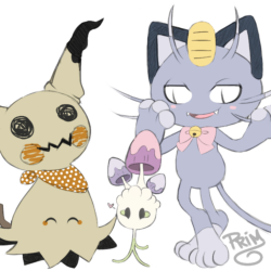 Mimmikyu, Morelull, and Alolan Meowth, Pokemon Sun and Moon fan art