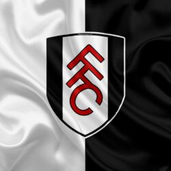 Download wallpapers Fulham FC, silk flag, emblem, logo, 4k, Fulham