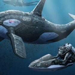 Divers and a robotic orca wallpapers