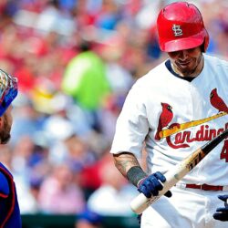 Yadier Molina shattered his bat while attempting to tap home plate