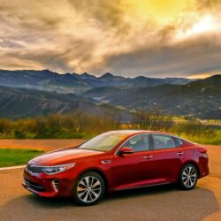 Download Wallpapers Kia, Optima, Red, Side view, Mountains