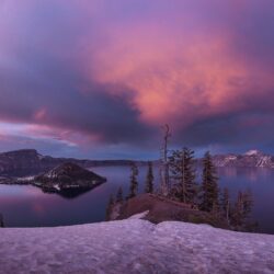 lake island crater winter snow sunset crater lake national park
