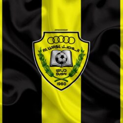 Download wallpapers Al Wasl FC, 4k, logo, yellow black silk flag